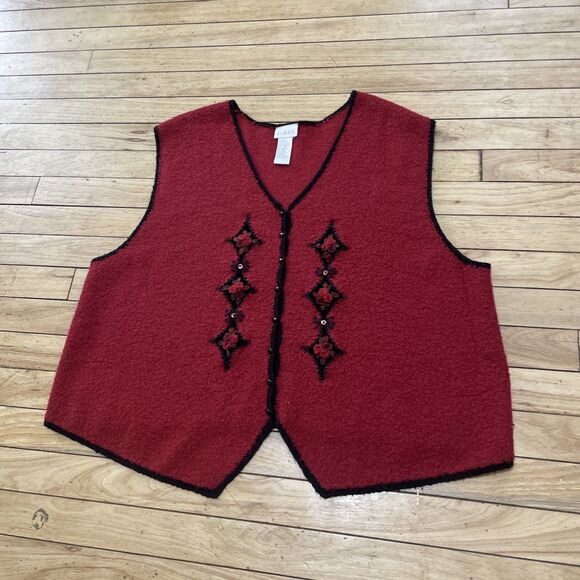 Koret Vtg 90s Wool Sweater Vest Women 2X Red 3D Art Floral Beaded Button Knit - Picture 11 of 16